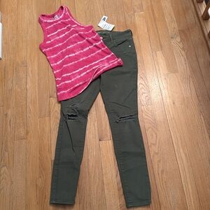 Green Distressed Skinny Jeans with Pink tye dye tank size XS